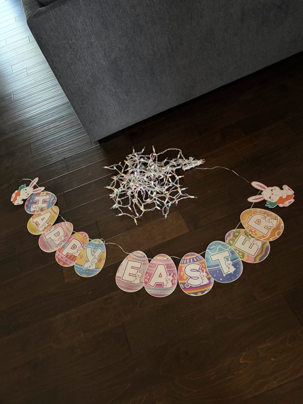 Happy Easter Pastel Egg Banner with Bunny Accents and colorful light strands (4)